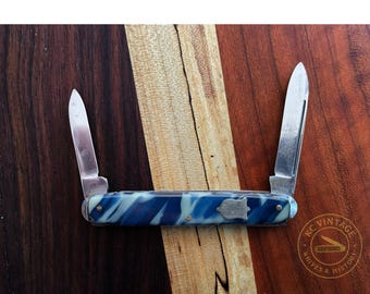 Vintage Cornwall Knife Co. Pen Knife – Blue Swirl Celluloid – Circa 1940s–50s – Made in New York, USA