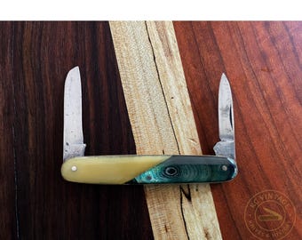 Vintage Boker’s Improved Cutlery Pen Knife – Two-Blade Folding Pocket Knife – Green & Cream Swirl Celluloid – Circa 1930s–40s
