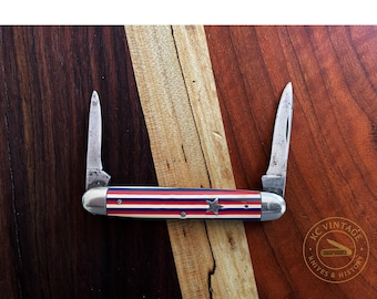Vintage Bridge Cutlery Co. Patriotic Pen Knife – Red White & Blue Celluloid Handles – Circa 1940s–50s – 2 Blade Slipjoint