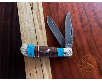Buck 380 David Yellowhorse Custom Mini Trapper Knife – No. 16 of 100 – Turquoise & Ironwood Inlay – 1990s Collectible