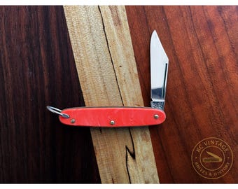 Vintage 1950s Hammer Brand Pen Knife – Red Swirl Celluloid Handle – USA Made – 1 Blade – Keyring – Mid-Century Pocket Knife