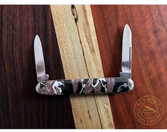 c. 1940s Hibbard Spencer Bartlett Two-Blade Pen Knife – Pink Swirl Celluloid Handles – USA Made