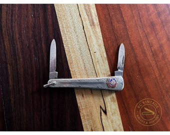 Vintage Masonic Pocket Knife – MSB USA Two-Blade Pen Knife with Enamel Lodge Emblem – Fraternal Nickel Silver Etched Handle