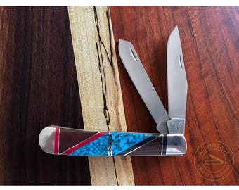 Buck USA 314X David Yellowhorse Custom Knife – 1990s Era – Turquoise & Ironwood Inlay – 4.25" Closed