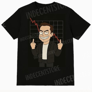 中指を立てた漫画とテスラ株暴落のユーモアが描かれたイーロン・マスクのミームTシャツ、面白い暗号投資家Tシャツ、皮肉な金融Tシャツ
