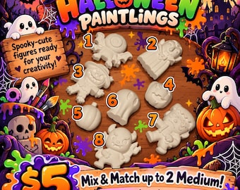 May include: A set of eight unpainted white Halloween-themed figurines labeled one through eight, including a bat, vampire, scarecrow, pumpkin, ghost, and monster. The background features colorful paint splatters, ghosts, and pumpkins.