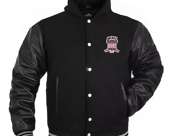 Avirex Varsity Bomber Solid MILLIONAIRE Black Wool Body & Leather Sleeves jacket