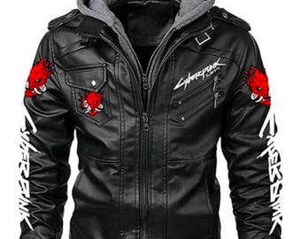 Cyberpunk Samurai 2077 Gamer Black Hooded Leather Motorcycle Biker Trendy Jacket