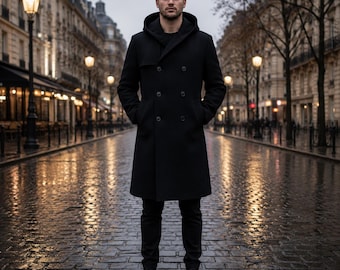Men's Wool Hooded Trench Coat - Double-Breasted Knee Length Outfit - Winter's Warm Outerwear