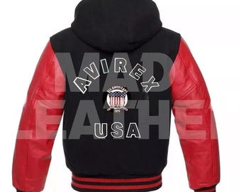 Avirex Varsity MILLIONAIRE Bomber Solid Black Wool Body & Leather Sleeves jacket