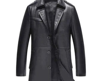 Men's Black Lamb Skin Real Leather Coat, 3/4 Length Coat