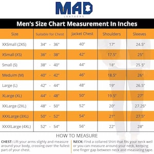 Puede incluir: Una tabla de tallas para chaquetas con el texto MAD LEATHERS en la parte superior. La tabla enumera tallas desde XXSmall hasta XXXXLarge con medidas en pulgadas para pecho, chaqueta, hombros y mangas, adem&aacute;s de instrucciones de medici&oacute;n.