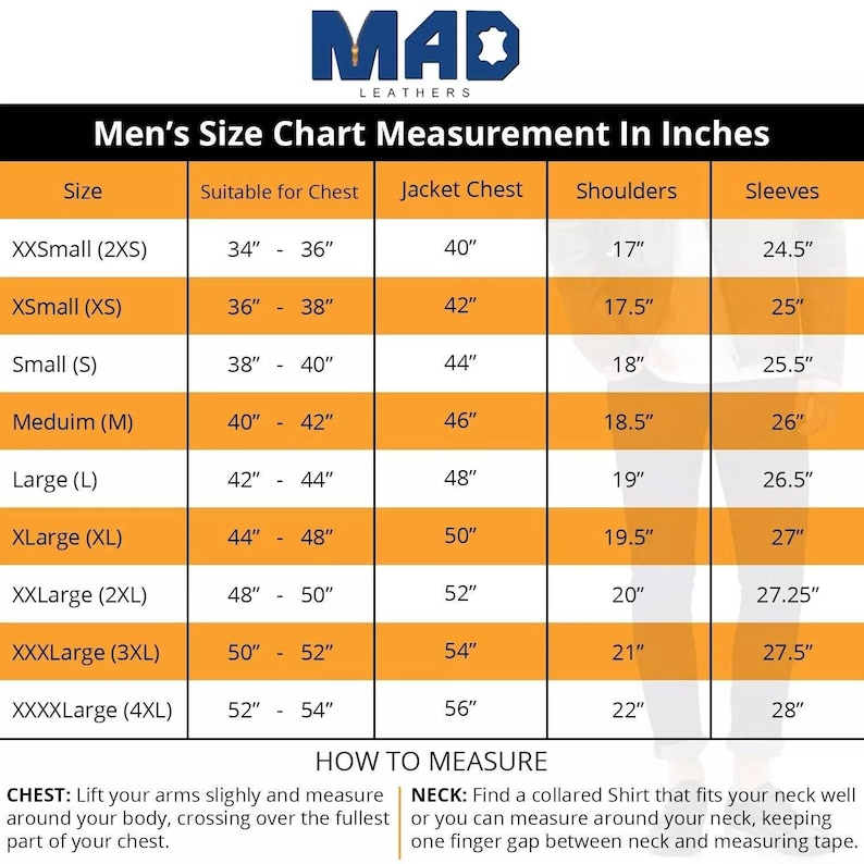 Puede incluir: Una tabla de tallas para chaquetas con el texto MAD LEATHERS en la parte superior. La tabla enumera tallas desde XXSmall hasta XXXXLarge con medidas en pulgadas para pecho, chaqueta, hombros y mangas, adem&aacute;s de instrucciones de medici&oacute;n.