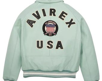 Men's Avirex Mint Green Real Bomber American Flight Jacket Leather Jacket