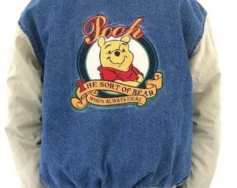 VTG 90’s DISNEY Store Winnie The Pooh Loyal True Denim Bomber Varsity Jacket