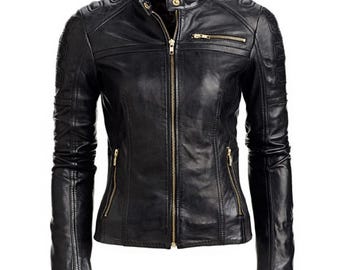 Women's Black Slim Fit Motorcycle Biker Bomber Soft Lambskin Jacket