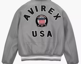 Chaqueta de cuero Avirex para hombre, estilo aviador americano, color gris