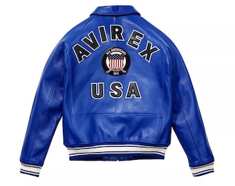 Men's Avirex Blue Real Bomber American Flight Jacket Leather Jacket