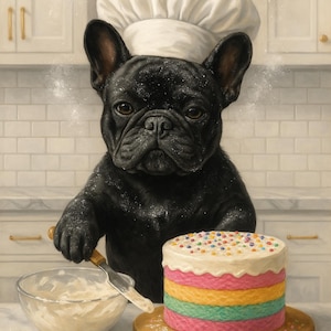 Funny French Bulldog Kitchen Print: Black Frenchie Making Cake (Digital Download A4 JPGs)