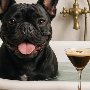 Black Frenchie in The Bath Funny Dog Art Print - Frenchie Bathroom Decor - Dog Lover Gift - Cute French Bulldog Poster - Pet Wall Art