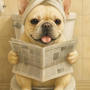 Cream Frenchie On The Toilet Funny Dog Art Print - Frenchie Bathroom Decor - Dog Lover Gift - Cute French Bulldog Poster - Pet Wall Art