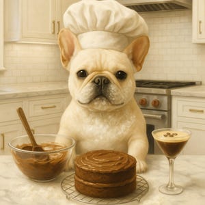 Cream Frenchie Making Cake Funny Dog Art Print - Frenchie Kitchen Decor - Dog Lover Gift - Cute French Bulldog Poster - Pet Wall Art