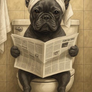 Grey Frenchie On The Toilet Funny Dog Art Print - Frenchie Bathroom Decor - Dog Lover Gift - Cute French Bulldog Poster - Pet Wall Art