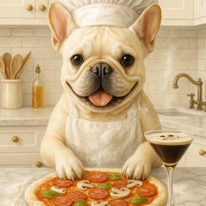 Funny French Bulldog Pizza Art Print: Cream Frenchie Kitchen Decor (Digital Download A4 JPGs)