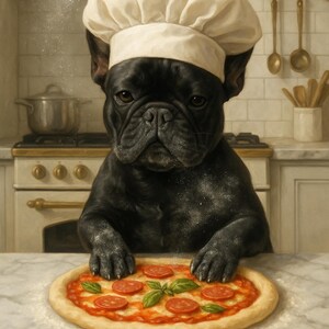 Funny French Bulldog Kitchen Print: Black Frenchie Making Cake (Digital Download A4 JPGs)