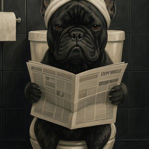 Black Frenchie On The Toilet Funny Dog Art Print - Frenchie Bathroom Decor - Dog Lover Gift - Cute French Bulldog Poster - Pet Wall Art