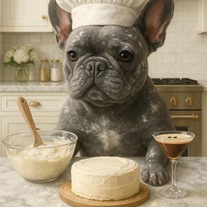 Funny French Bulldog Kitchen Print: Grey Frenchie Making Cake (Digital Download A4 JPGs)