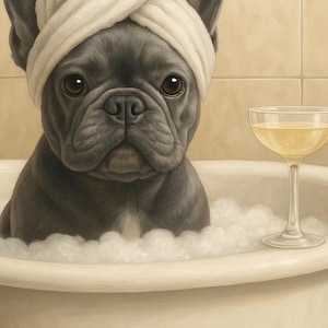 Funny French Bulldog Bath Art Print: Quirky Bathroom Decor (Digital Download A4 JPGs)