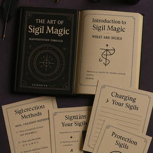May include: A printable guide to sigil magic with instructions on creating, charging, and using sigils for protection. The guide features a brown paper background with black text and illustrations.