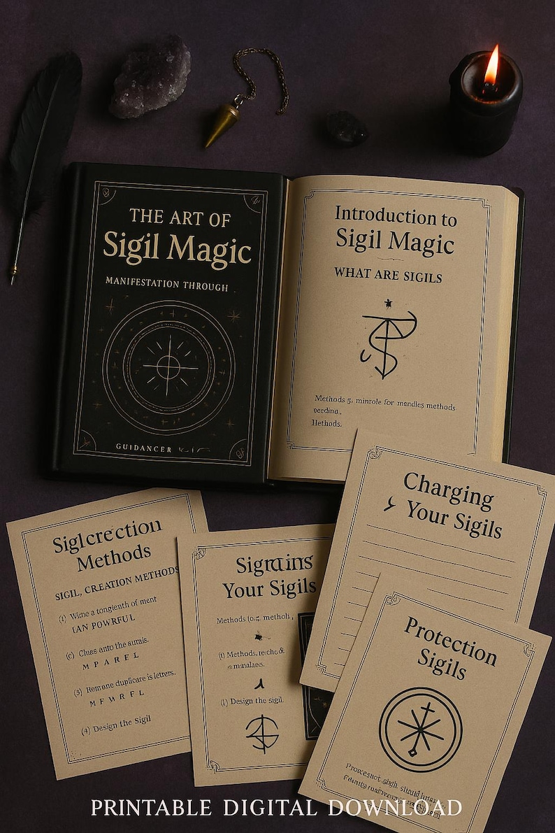 May include: A printable guide to sigil magic with instructions on creating, charging, and using sigils for protection. The guide features a brown paper background with black text and illustrations.