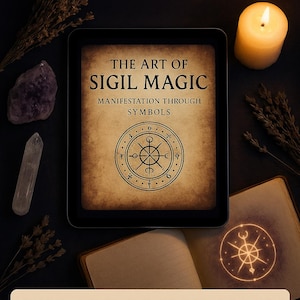Puede incluir: Una portada de libro digital con una estética vintage que presenta el título "The Art of Sigil Magic: Manifestation Through Symbols". La portada presenta un sigil con un diseño de brújula y el texto "Learn to Create, Charge & Use Sigils".