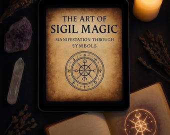 May include: A digital book cover with a vintage aesthetic featuring the title "The Art of Sigil Magic: Manifestation Through Symbols". The cover features a sigil with a compass design and the text "Learn to Create, Charge & Use Sigils".
