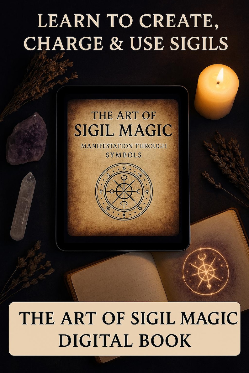 May include: A digital book cover with a vintage aesthetic featuring the title "The Art of Sigil Magic: Manifestation Through Symbols". The cover features a sigil with a compass design and the text "Learn to Create, Charge & Use Sigils".