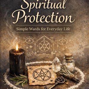 May include: An image with the text "Spiritual Protection: Simple Wards for Everyday Life." A lit black candle, a crystal, a key, and a scroll with a star symbol are arranged on a textured surface, with a crescent moon and sun in the background.