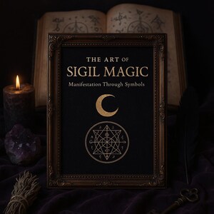 May include: A framed print with a gold background and the text "The Art of Sigil Magic: Manifestation Through Symbols". The print features a crescent moon and a geometric symbol with numbers.