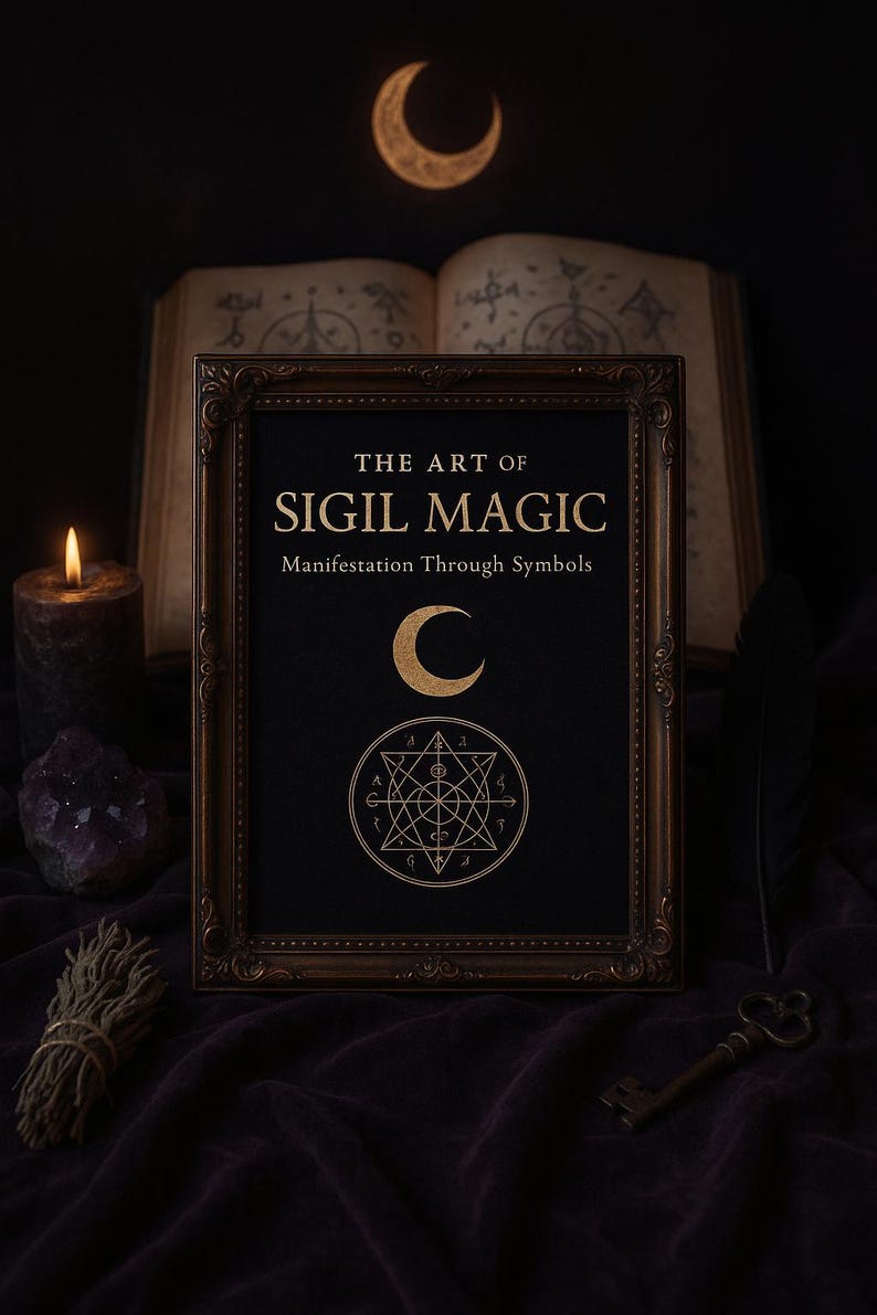 May include: A framed print with a gold background and the text "The Art of Sigil Magic: Manifestation Through Symbols". The print features a crescent moon and a geometric symbol with numbers.