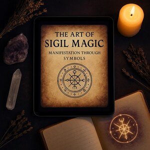 May include: A digital tablet displaying a vintage-style image of a sigil with the text "The Art of Sigil Magic: Manifestation Through Symbols". The tablet is surrounded by various objects, including a lit candle, crystals, and dried flowers.