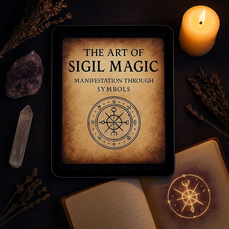 May include: A digital tablet displaying a vintage-style image of a sigil with the text "The Art of Sigil Magic: Manifestation Through Symbols". The tablet is surrounded by various objects, including a lit candle, crystals, and dried flowers.