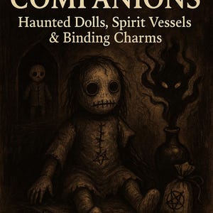 Puede incluir: Ilustración oscura de una muñeca espeluznante con ojos de botón y boca cosida, con el texto "CURSED COMPANIONS" y "Haunted Dolls, Spirit Vessels & Binding Charms". Un tema gótico y espeluznante.