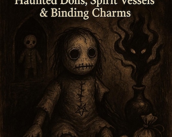 May include: Illustration of a creepy doll with button eyes and stitched mouth, with the text "CURSED COMPANIONS" and "Haunted Dolls, Spirit Vessels & Binding Charms". A dark, gothic theme with a spooky atmosphere.