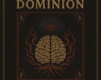 May include: A book cover with the title "THE ART OF MENTAL DOMINION" in gold lettering. The cover features a brain illustration with an eye above it, and the text "A FORBIDDEN GRIMOIRE OF MIND INFLUENCE, CONTROL & PSYCHIC COMMAND". The background is dark.
