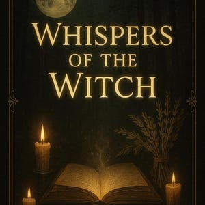 Può includere: Una copertina di libro con il titolo "Whispers of the Witch" in lettere dorate, con una luna piena, candele e un libro aperto da cui emana luce. È visibile anche il testo "50 Fast-Working Prayer Spells".