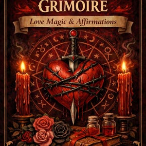 May include: An illustration of a grimoire titled "The Crimson Heart Grimoire" with the subtitle "Love Magic & Affirmations." The image features a heart pierced by a sword, surrounded by candles, roses, and potion bottles. The color palette is dominated by reds and browns.
