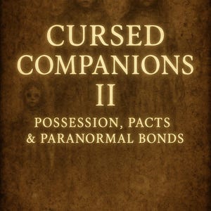 以下が含まれることがあります： セピアトーンの画像で、セリフ体のフォントで「CURSED COMPANIONS II」というテキストが表示されています。画像には幽霊のような姿と「POSSESSION, PACTS & PARANORMAL BONDS」というテキストが表示されています。全体的なテーマはホラーまたは超常現象のジャンルを示唆しています。