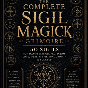 May include: A black book cover titled THE COMPLETE SIGIL MAGICK GRIMOIRE in gold lettering. It features 50 SIGILS FOR MANIFESTATION, PROTECTION, LOVE, WEALTH, SPIRITUAL GROWTH & SUCCESS, surrounded by circular geometric symbols and ornate gold borders.