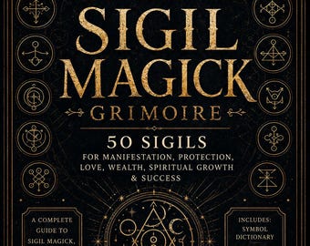 May include: A black book cover titled THE COMPLETE SIGIL MAGICK GRIMOIRE in gold lettering. It features 50 SIGILS FOR MANIFESTATION, PROTECTION, LOVE, WEALTH, SPIRITUAL GROWTH & SUCCESS, surrounded by circular geometric symbols and ornate gold borders.